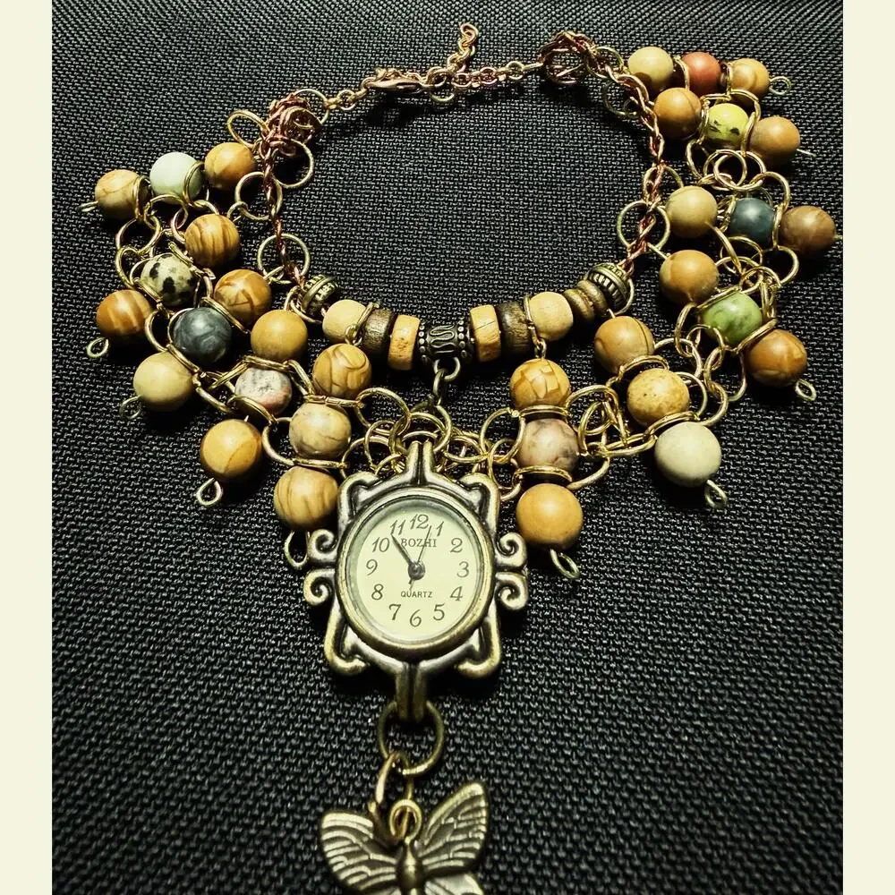 Handmade Boho Butterfly Watch Bracelet NEW Battery Wood & Stone Bead Cuff